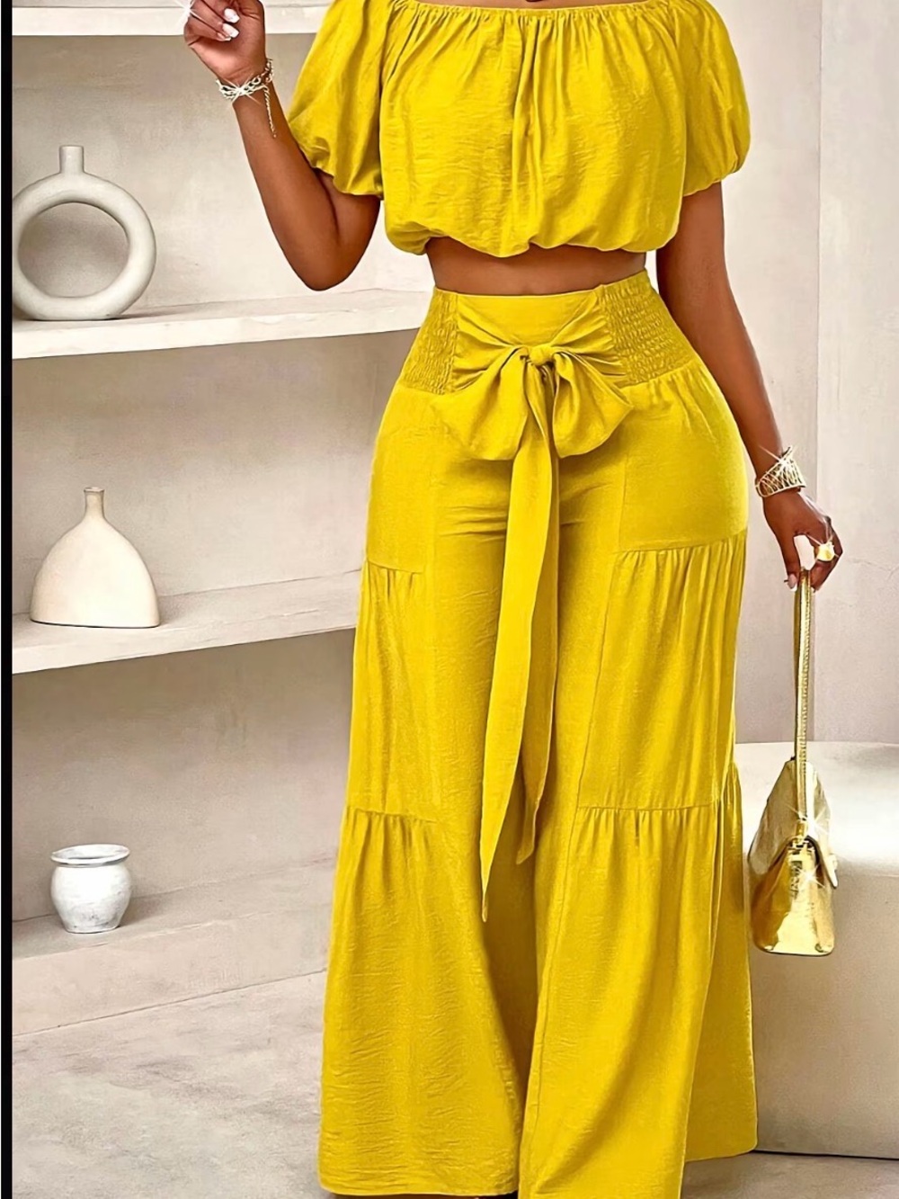 High-Waist Yellow Wide-Leg Pants with Bow Detail